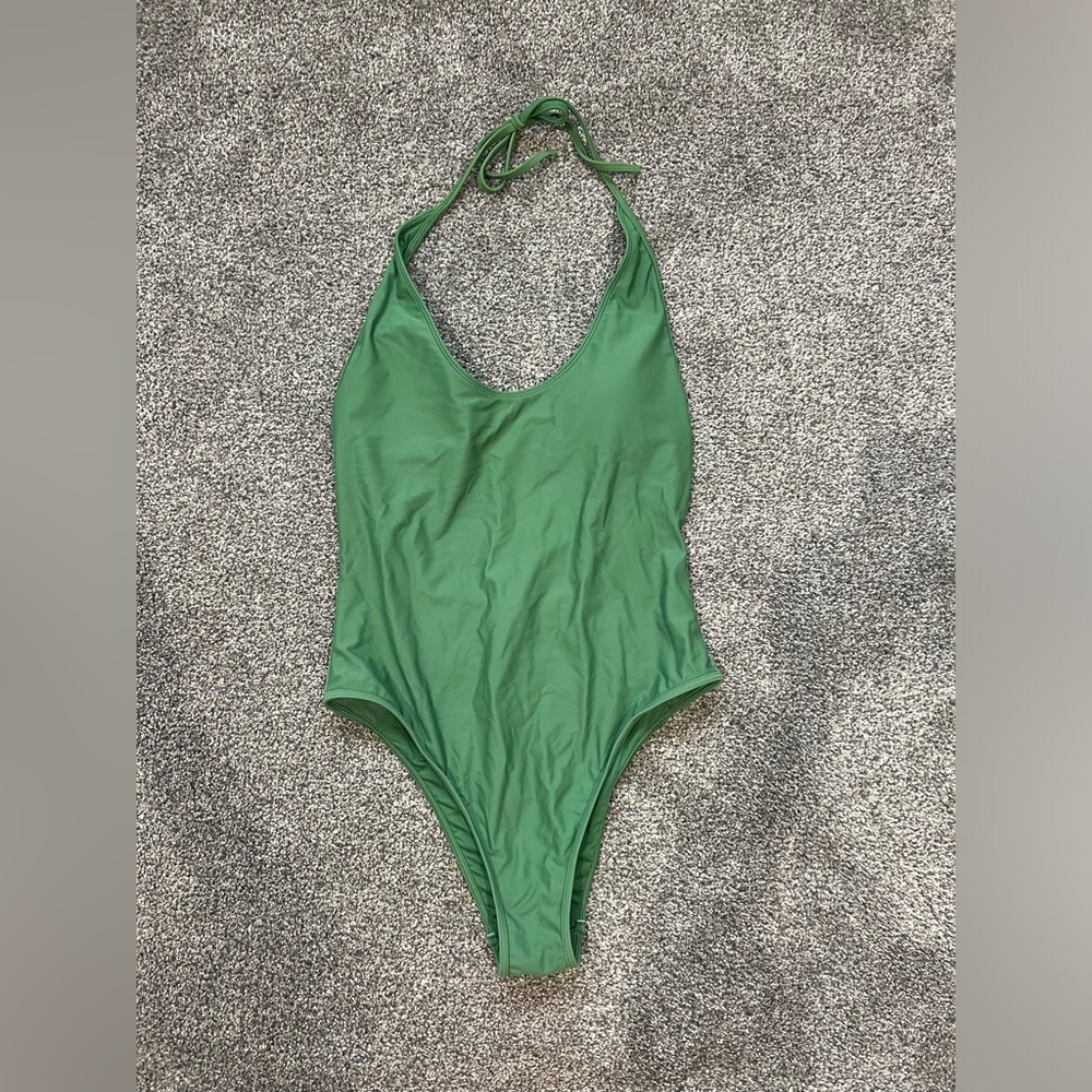 Aerie One Piece Deep Scoop Neck High Cut Thigh Swim Suit Medium in Green